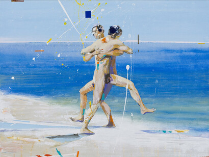 Alfonso Albacete, Tres pinturas de playa - 2 - pelea (detalle), 2011, acrílico sobre lienzo, 73x73cm.