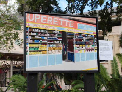 Emilio Sanchez, Untitled, Bronx Storefronts, "Superette," 1980s. Reproduction installed at Hialeah Park. Pérez Art Museum Miami, gift of the Emilio Sanchez Foundation, New York. Photo courtesy City of Hialeah.