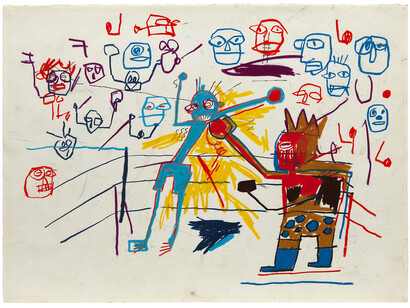 Jean-Michel Basquiat, Untitled (Boxing Ring), 1981, Oilstick on paper, 22 1/8 x 30 1/8 inches (56.2 x 76.5cm), The Schorr Family Collection © The Estate of Jean-­‐Michel Basquiat / ADAGP, Paris / ARS, New York 2014. Photo by Kent Pell