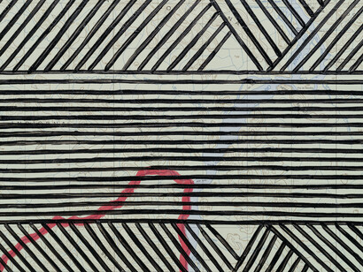 Jonathas de Andrade, Kayapó Menkragnoti Hand, from the series Endless Hunger Map 2019 - 2020 (close-up), acrylic on map printed on canson paper and photograph printed on cotton rag paper, 2 parts, 85x85x4 cm (each). Courtesy of Galeria Nara Roesler