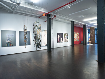 Left to right paintings, Shari Weschler, Renee Phillips, and Carrie Alter. Hanged work, Jean Shin, far right, Arlene Rush. Photo Courtesy of Eliza B. Piccininni and Pen + Brush Gallery