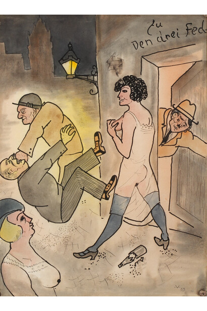 Bruno Voigt, Vor de Kneipe ["In front of the Pub"], 1933, Watercolor, pen & ink on paper, 19 7/8 x 14 3/8 inches (50.5 x 36.5 cm), Dated on recto. Ubu Gallery, New York