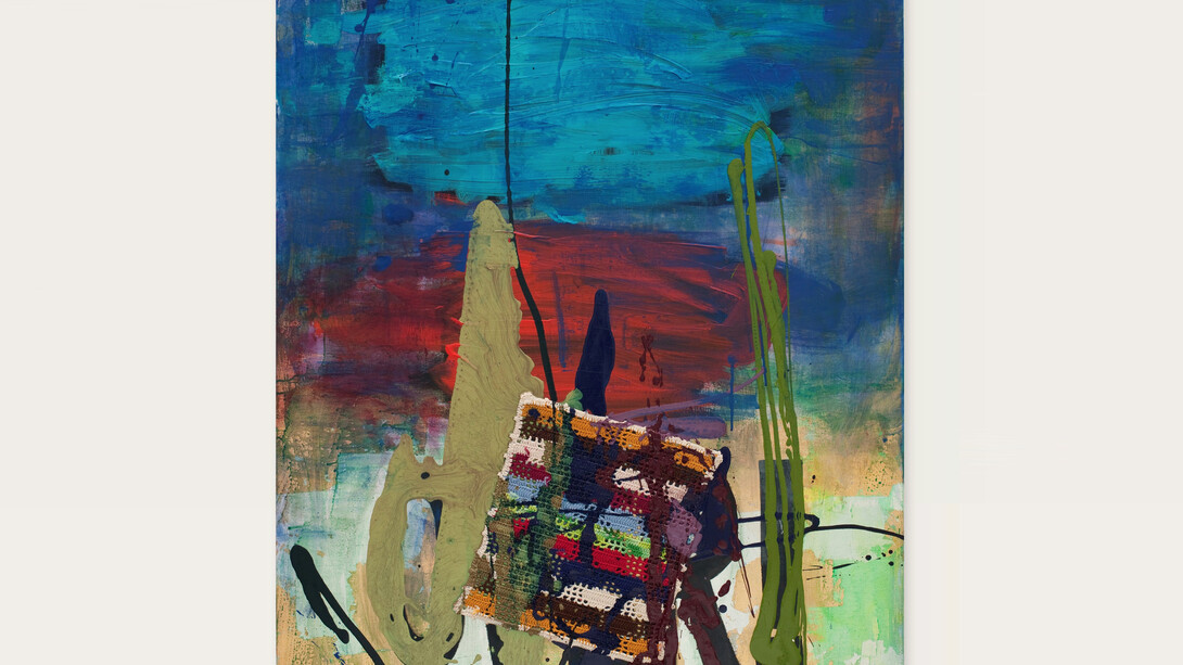 Rochelle Feinstein, !, 2010, Oil, leaf, acrylic, fabric on canvas, 49 x 38 in