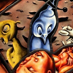 Judith Schaechter, The Battle of Carnival and Lent (Detail), Stained Glass Lightbox, 56 x 56 inches | 142.2 x 142.2 cm.