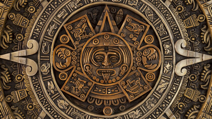 Representación de la Piedra del sol, disco monolítico de basalto de olivino con inscripciones alusivas a la cosmogonía mexica y los cultos solares, popularmente llamado Calendario Azteca