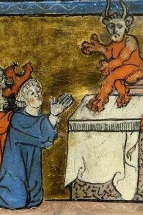 Antioco IV che prega l'idolo cornuto nel Tempio di Gerusalemme, Cronache, Morgan Library, M.751, fol. 29v (Amiens, 1300-1310)