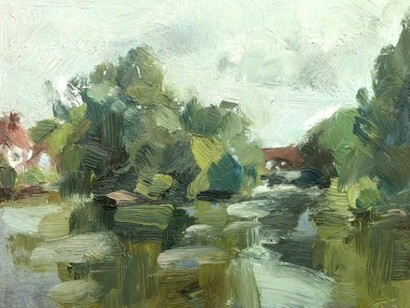 Tim Benson, View towards the bridge, Maidenhead, oil on aluminium, 5 x 6 inches