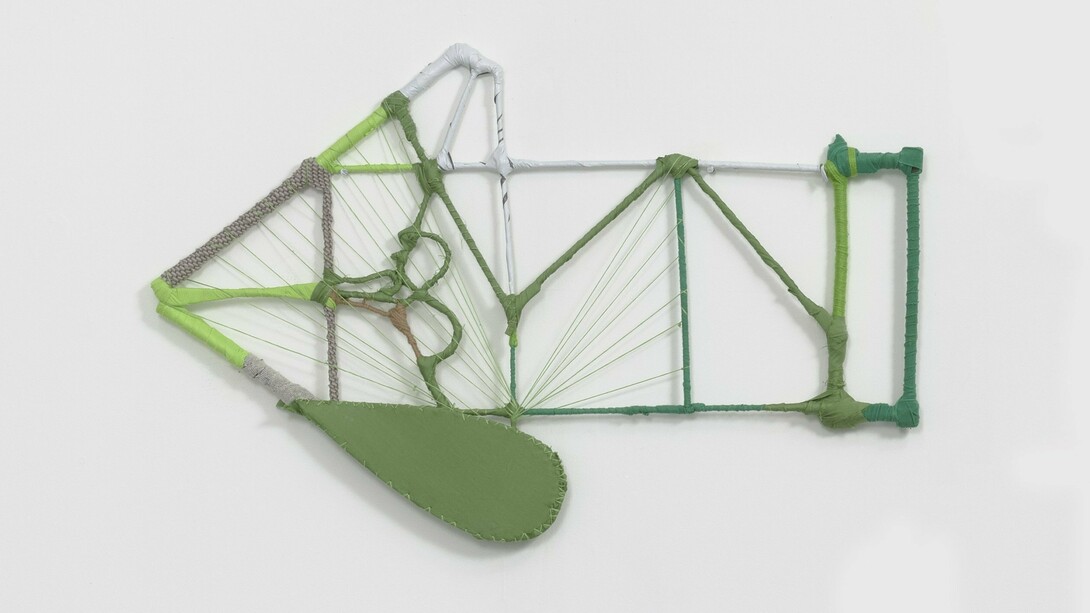 Courtney Puckett, W2 (2023), Found Objects, Repurposed Textiles, 20 x 31 x 1.5 Inches. Courtesy of the artist and Susan Eley Fine Art