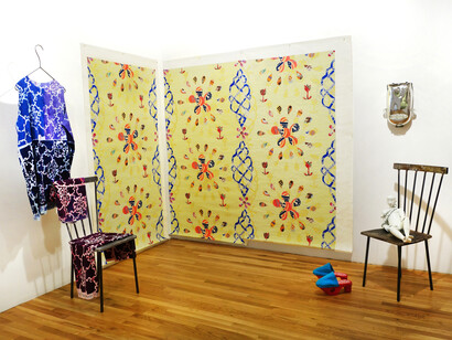 Curated by Ann Agee: 1. Ann Agee, Untitled (Fabric), 2011/2012; 2. Ann Agee, Chair 1, 2012; 3. Ann Agee, Tide, 1995; 4. Ann Agee, Red Clogs, 2012; 5. Ann Agee, Vase, Toothbrush Holder, Soap Dish, Mirror, 2012; 6. Ann Agee, Thrown Man and Necklace, 2012; 7. Ann Agee, Chair 2, 2012