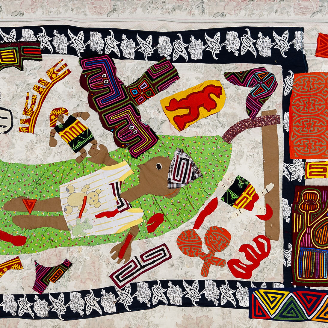 Dylegued / Burial, 2013
Mola on fabric previously imbued with blood from the body of a woman assassinated in Panama City, Panama. Created by the Rosano family, of Kuna descent, in memory of Jadeth Rosano López, a seventeen-year-old who was assassinated.
39 ¾ x 90 ½ inches