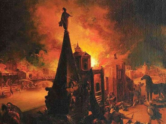 The author holds that the established elites ignored the right-wing populist chats conducted in the new social media, which played the role of a Trojan horse during the 2016 election year. Painting: “View of the burning Troy” (ca. 1760–1769) by Johann Georg Trautmann. Collections of the Grand Dukes of Baden, Karlsruhe, Germany