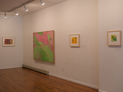 Cynthia Hawkins, (right to left) Untitled #2, Monotype 2004, Yellow Acorn, Casein
and Ink, 2002, Untitled, Acrylic on Canvas, 1988, Untitled, Watercolor, 1997