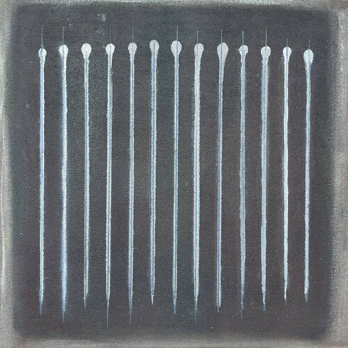 Laura Manuel, Charcoal Icicles, Acrylic and Sand on Canvas 24 x 24”/2024