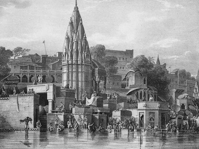 Munikurnuka Ghat, Benares, from the River (1832), a lithograph by the Anglo-Indian scholar, antiquarian, and mint assay master James Prinsep. Courtesy of the British Library, London, UK