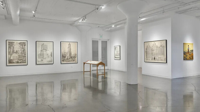 Sandow Birk: an illustrated history of the present, exhibition view. Courtesy of Catharine Clark Gallery