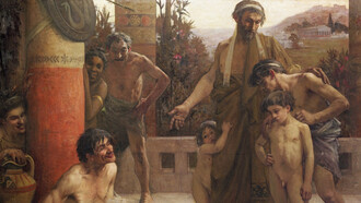 Un espartano señala a un esclavo borracho a sus hijos, Fernand Sabatté, 1900, Colección Beaux-Arts de Paris, Francia