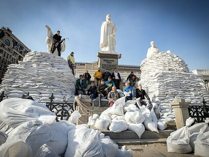 Protective fortification of Princess Olha Monument, Kyiv, Ukraine