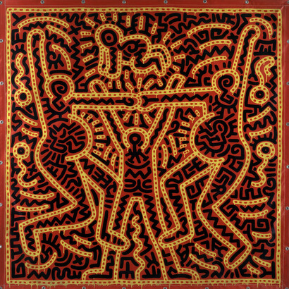 Keith Haring, Untitled, 1983 Inchiostro vinilico su telone di vinile 213,4 x 213,4 cm Courtesy Laurent Strouk © Keith Haring Foundation
