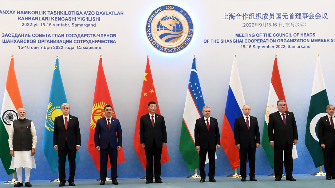 Leaders of (from left) India (Prime Minister Narendra Modi), Kazakhstan (President Kassym-Jomart Tokayev), Kyrgyzstan (President Sadyr Japarov), China (General Secretary Xi Jinping), Uzbekistan (President Shavkat Mirziyoyev), Russia (President Vladimir Putin), Tajikistan (President Emomali Rahmon) and Pakistan (Prime Minister Shehbaz Sharif) at the 22nd Meeting of the Council of Heads of State of the Shanghai Cooperation Organization (SCO), in Samarkand, Uzbekistan on September 16, 2022