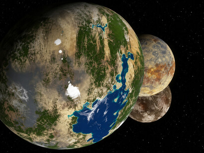 A habitable exoplanet with lush landscapes, blue oceans, and two closely orbiting moons