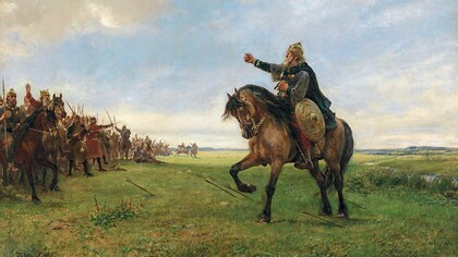 Gizur che sfida gli Unni, secondo il poema eroico antico norreno Hlöðskviða, dipinto di Peter Nicolai Arbo, 1886