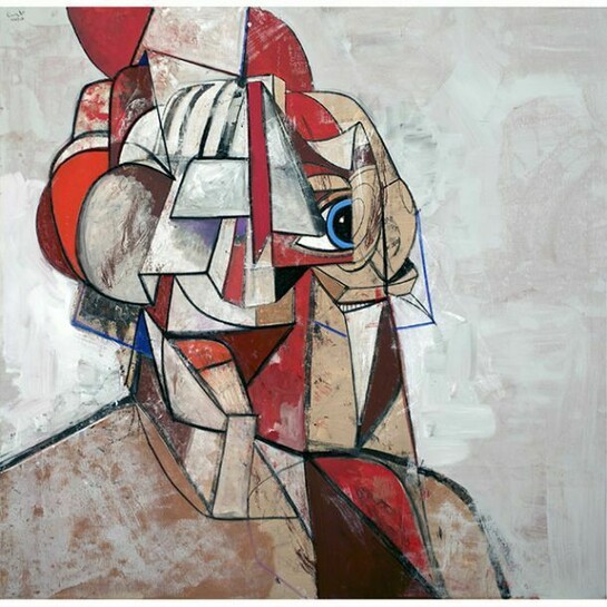 George Condo, Iron Man, 2013, Acrylic, charcoal, and pastel on linen, Unframed: 172.7 x 177.8 cm (68 x 70 in), Framed: 184.2 x 186.7 x 7.6 cm (72 1/2 x 73 1/2 x 3 in), courtesy of the artist and Simon Lee Gallery