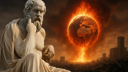 A marble statue of Socrates contemplates the burning Earth, symbolizing the philosophical reflection needed in the face of global crisis and the ongoing challenges to humanity's future