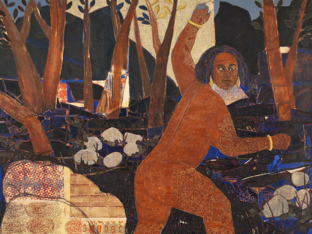 Mequitta Ahuja Rhyme Sequence: Wiggle Waggle 2012 Oil, paper and acrylic on canvas 213 x 203 cm, Image courtesy of the Saatchi Gallery, London