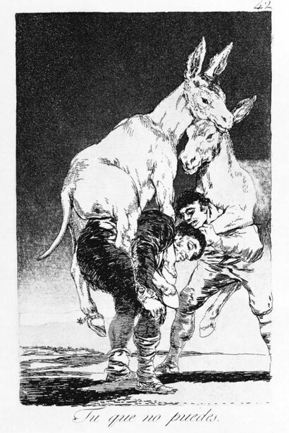  El sueño de la razon produce monstruos (The Sleep of Reason Produces Monsters), 1797-1798.  
From the series Los Caprichos, plate 43.   
Etching, 21.6 x 15.2 cm.   
Museo Nacional del Prado, Madrid.