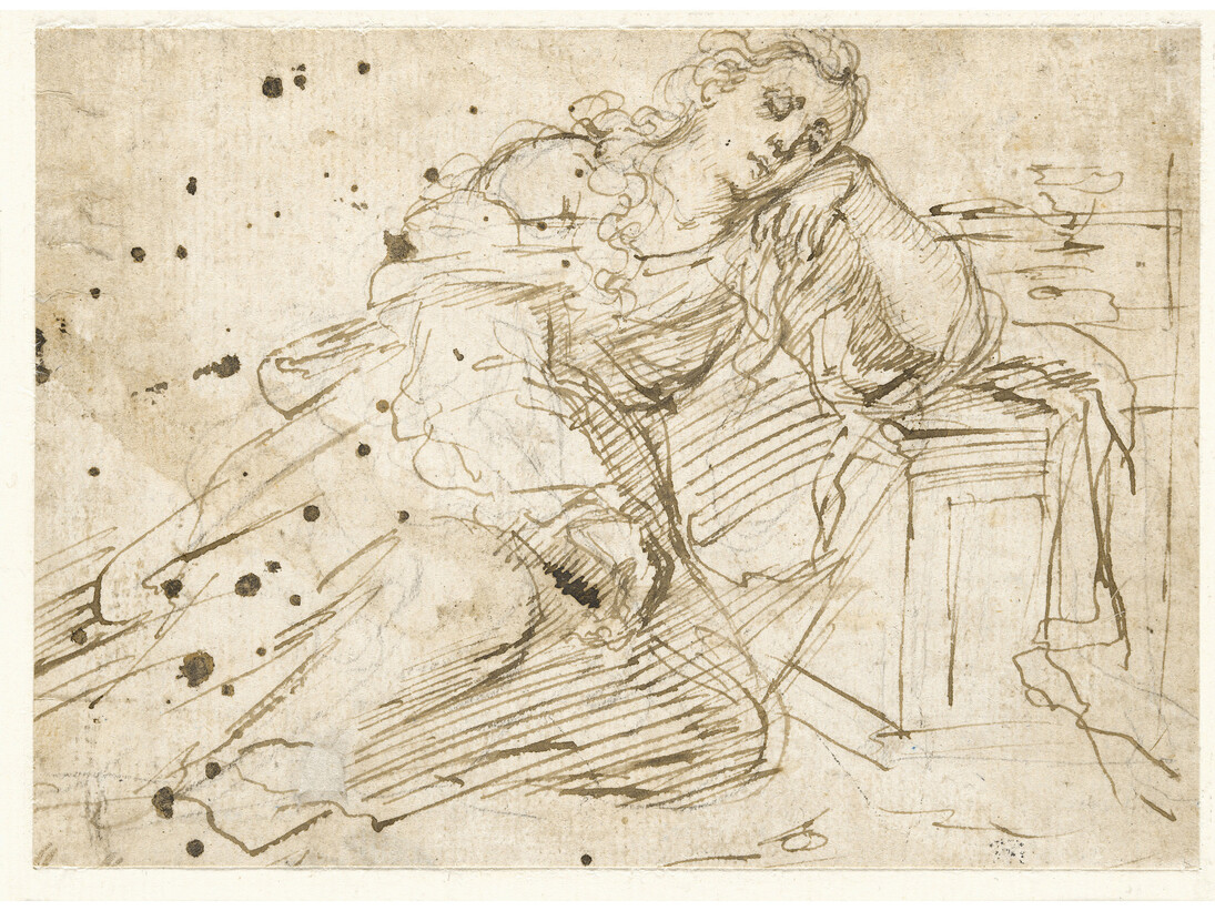 Estudio de Magdalena dormida sobre el sepulcro vacío de Cristo, Bartolomé Esteban Murillo, Pluma, sobre ligeros trazos de lápiz negro, 115 x 158 mm, h. 1655 - 1656, Hamburg, Hamburger Kunsthalle, Kupferstichkabinett © Hamburger Kunsthalle / bpk, Foto: Christoph Irrgang