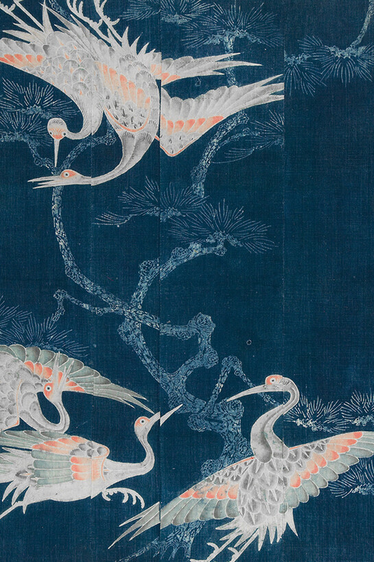 Material for bedding (futonji). Mid-19th century. Handspun cotton, indigo dye. Plain woven, hand-drawn, paste-resist dyed (tsutsugaki), brush-painted. Anonymous gift, T84.0001