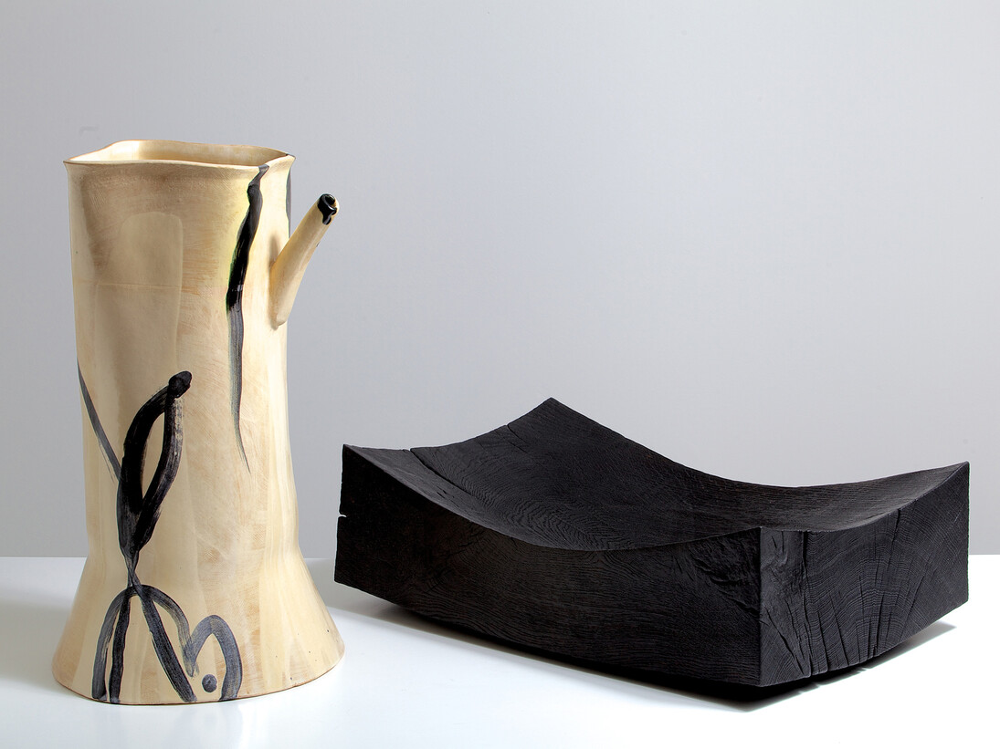 Alison Britton, 'Slide'and Jim Partridge 'Big Rectangular Block' (both 2014), image © Philip Sayer, courtesy of Marsden Woo Gallery (2014)