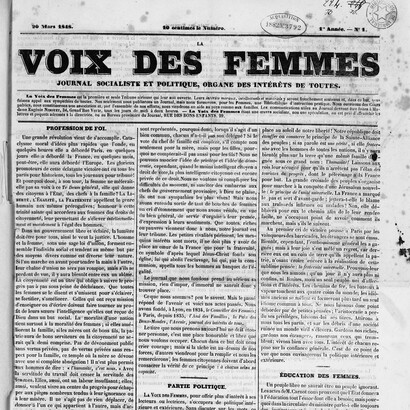 Une du premier numéro du journal la Voix des femmes, 1848