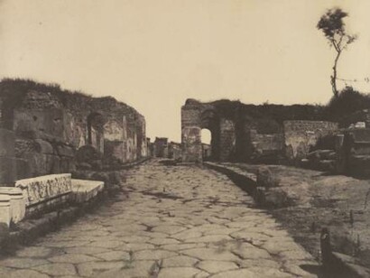 Firmin Eugène Le Dien (French, 1817–1865)
Pompeii, Pompey's Lane, Tomb Monument of Mamia, ca. 1853, Salted paper print from a waxed paper negative. The Metropolitan Museum of Art, Purchase, Mr. and Mrs. John A. Moran Gift, in memory of Louise Chisholm Moran, 2013