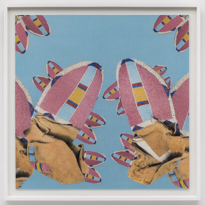 Wendy Red Star, Pink Moccasins, 2023, fabric and archival pigment prints mounted on gatorboard, 44x44 inches. Courtesy of the artist and Sargent's Daughters