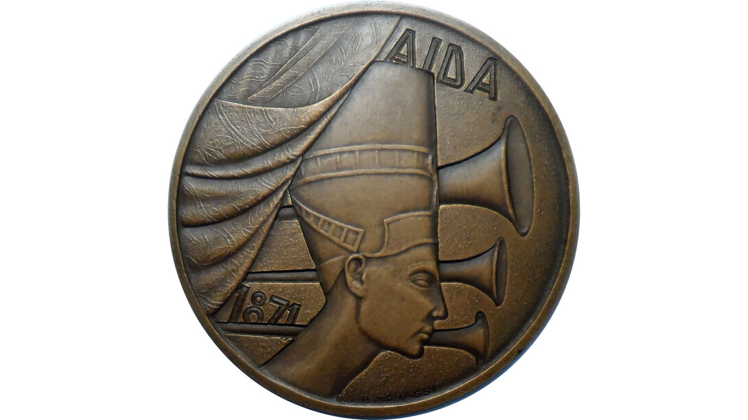 Piero Monassi, R/Aida, Anno di emissione: 1966, Stabilimento: Istituto Poligrafico e Zecca dello Stato, Roma, Bronzo fuso, mm. 180, Medagliere Ambrosiano, Fondo Monassi