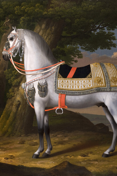 Philipp Ferdinand de Hamilton, An Anglo-Arabian Horse in a Spanish Dress Saddle standing in a Landscape (detail), Provenance: Private Collection, Frankfurt, Germany