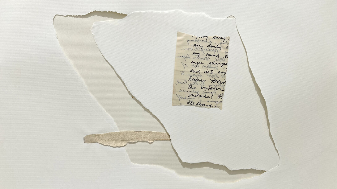 Bilgé Friedlaender, Untitled (mutated square with torn note), 1976, torn pencil, paper, watercolor, paper, 19 1/2x25 1/2 in. Courtesy of SAPAR Contemporary