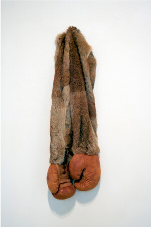 Anna Campbell, Foxgloves, 2012, boxing gloves, fox fur, 36 x 12 x 6 in