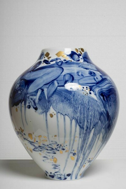 Vase No. 9, 2008, porcelain, hand painted by the artist with gold highlights, 14 x 11 x 11 inches