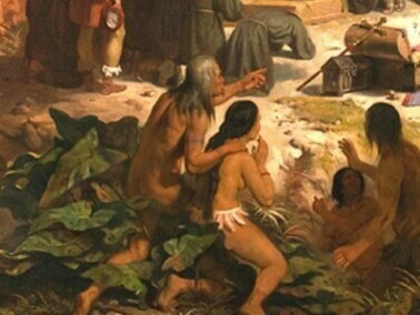 Detalhe da obra de Victor Meirelles: A Primeira Missa, 1861. Victor Meirelles (1832–1903), nascido em Santa Catarina, também estudou na Europa e se tornou professor da Academia Imperial de Belas Artes. Sua obra mais célebre é “Primeira Missa no Brasil” (1861), que representa o momento da chegada dos portugueses e a celebração da fé cristã



