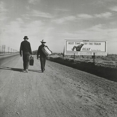 Dorothea Lange. On the Road to Los Angeles, California. 1937. Gelatin silver print, 8 1/16 x 7 3/4″ (20.4 x 19.7 cm), The Museum of Modern Art, New York. Gift of the Farm Security Administration. Digital image © The Museum of Modern Art/Licensed by SCALA / Art Resource, NY