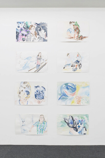 Ana María Millán, left column (top till bottom): Mayumi and friends, Brenda and the Shadow, Ana María and Andres, Axel and the Pony, right column (top till bottom): Iván and the Worm, Axel and the Dog, Self-Portrait, Love, watercolor on paper, 2018, courtesy of the artist and Instituto de Visión, Witte de With Center for Contemporary Art, 2018, photo by Kristien Daem.