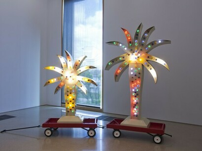 Yto Barrada, Twin Palm Island, 2011
Installation view Pérez Art Museum Miami. Steel structure, painted galvanized sheet metal, colored electrical bulbs. 107 x 154 x 50 inches, Photo: Oriol Tarrida