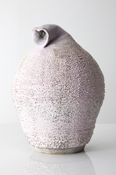 Unique, hand-thrown Large Marge Dong On Stomach Accretion vase with porcelain slip in Angelyne glaze. Designed and made by the Haas Brothers, Los Angeles, CA, 2013. 23" H x 19" D / 58.4cm H x 48.3cm D (SM4675).
Photograph by Joe Kramm/R & Company
