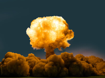 A powerful nuclear explosion with a mushroom cloud soaring above a barren desert landscape, symbolizing the destructive force of a hydrogen bomb test