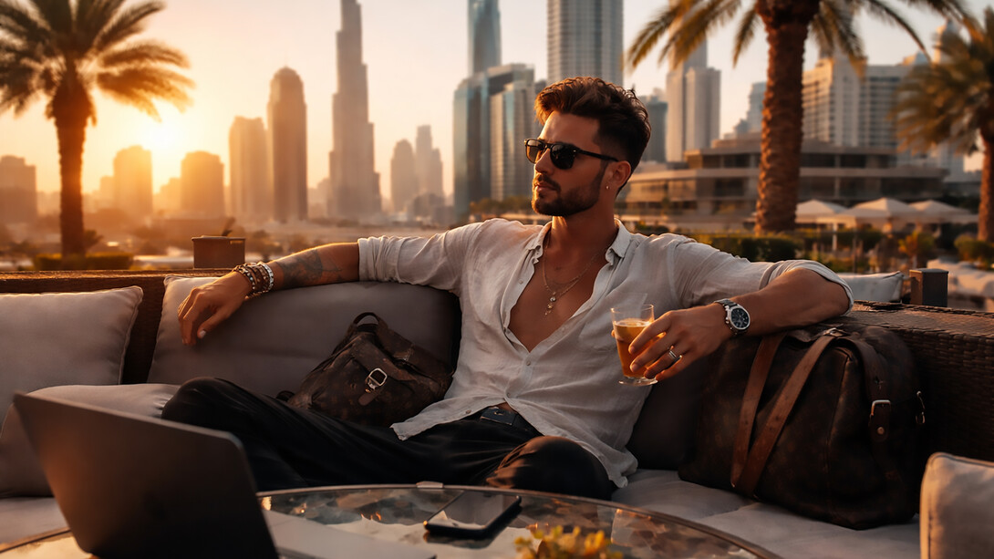 A charismatic creative professional relaxes on a luxury rooftop overlooking a global city skyline, projecting the polished lifestyle and effortless mobility that often mask the hidden financial and emotional architectures behind carefully curated personal brands