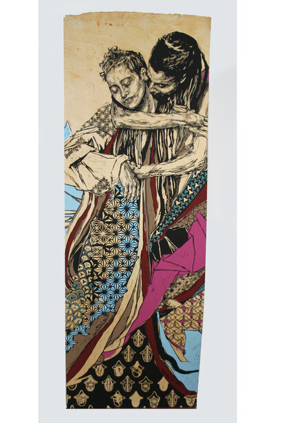 Swoon, #132 Alixa and Naima, AP, 5c Layer Screenprint on Tea Stained Paper - Hand Painted - 32" x 11", From an edition of 106