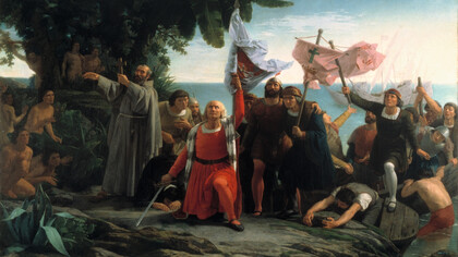 Dióscoro Puebla; Primer desembarco de Cristóbal Colón en América, 1862, Museo del Prado, España