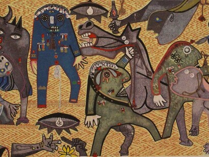 Enrico Baj, Guernica d’après Picasso, 1984, acquaforte e acquatinta a colori, 60x100 cm. Courtesy of Palazzo Leone da Perego
